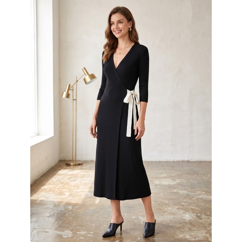 Maje Wrap Dress Womens M Black Ribbed Knit Contrast Tie Midi V-Neck